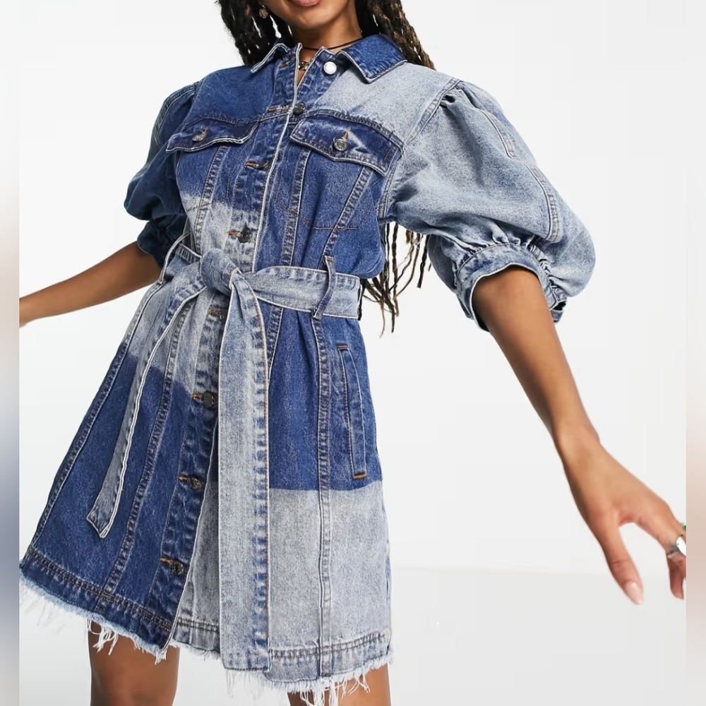 NWOT Signature 8 Patchwork Heavy Denim Mini Dress M Puff Sleeves Belted Sealed